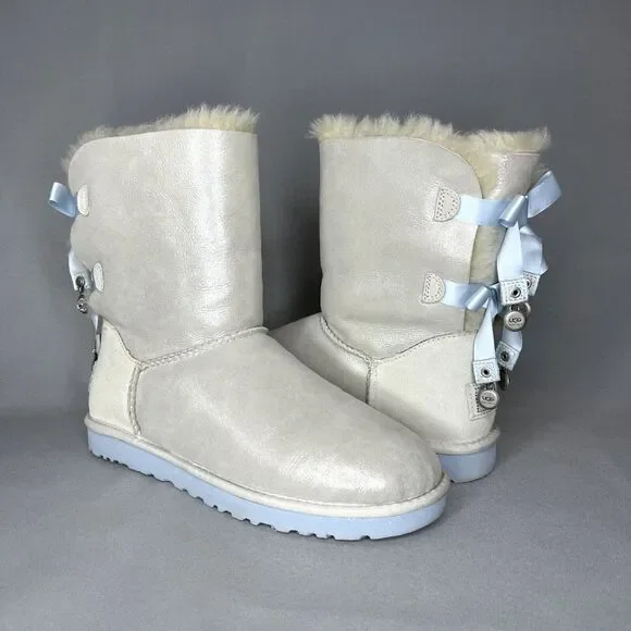 Women's 9 UGG Boots Bailey Bow I DO Crystal Shimmer White Silver Baby Blue RARE - Picture 1 of 16